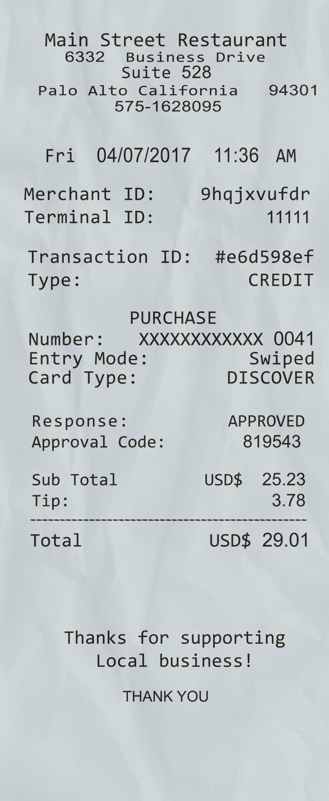 Fake Main Street Restaurant payment check Receipt