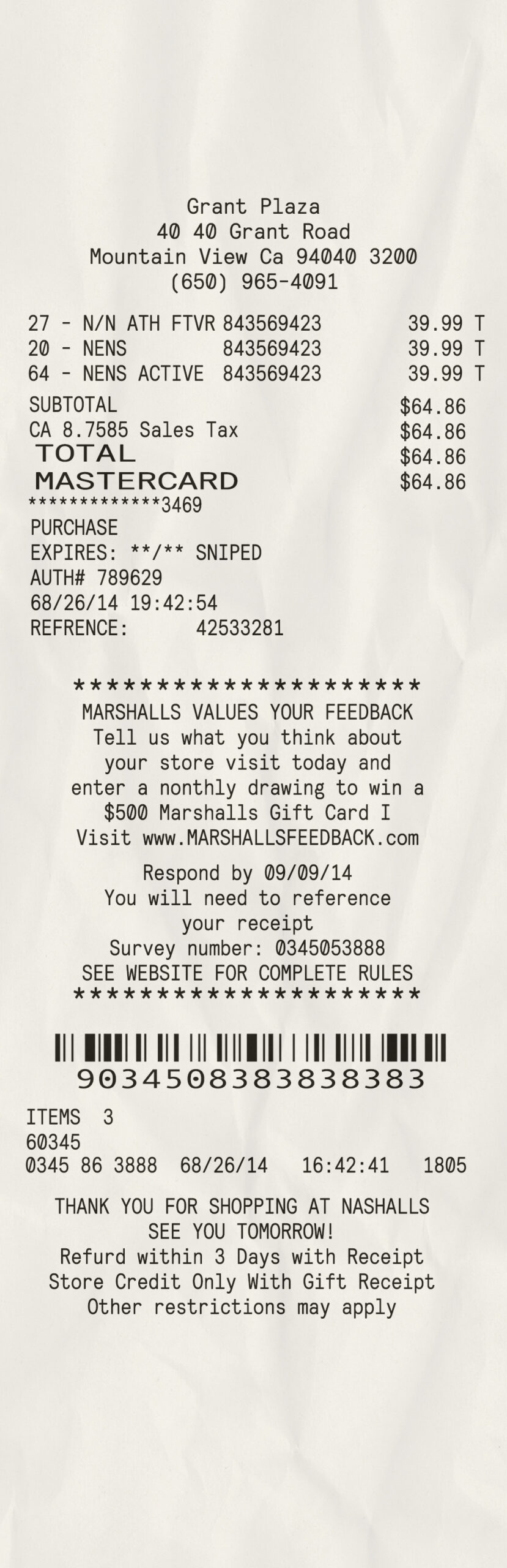 Fake Marshalls payment receipt