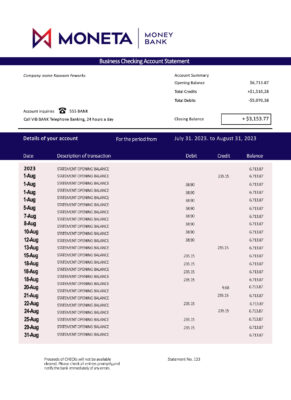 Fake Moneta Money Bank firm Account Business Bank Statement