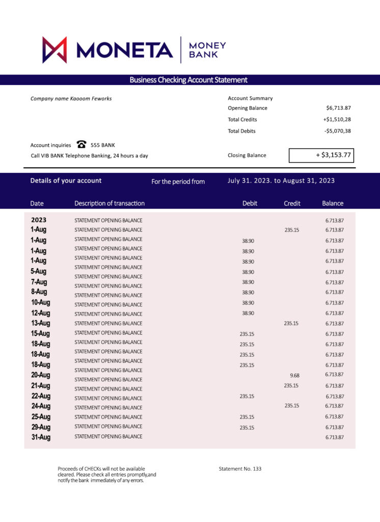 Fake Moneta Money Bank firm Account Business Bank Statement