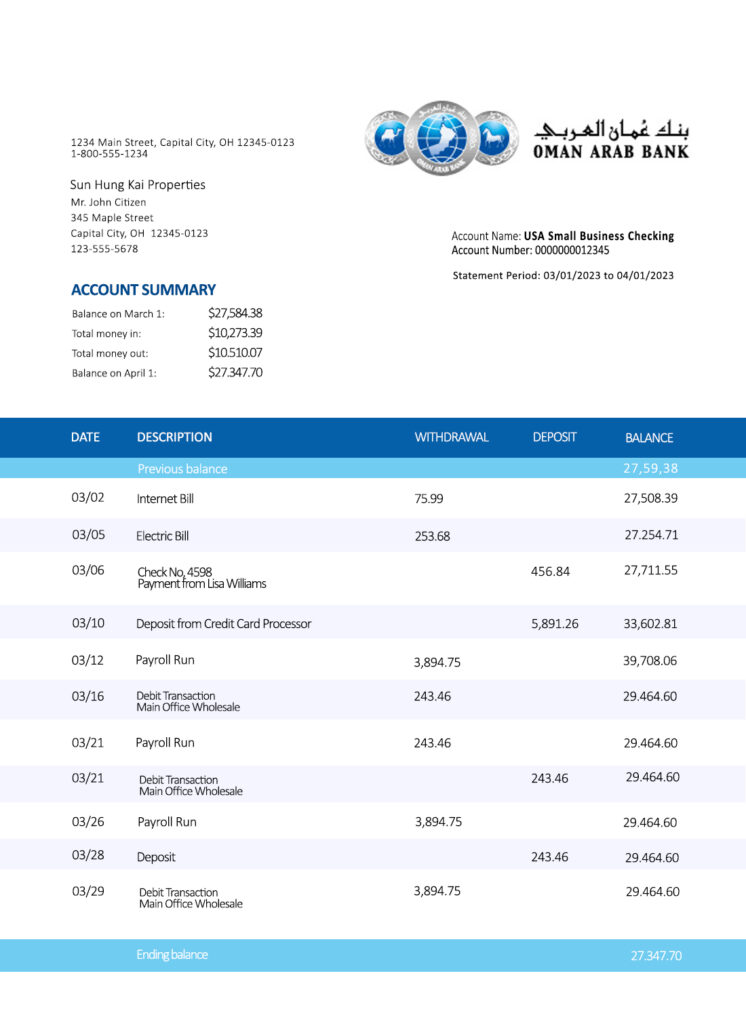 Fake Oman Arab Business Bank Statement