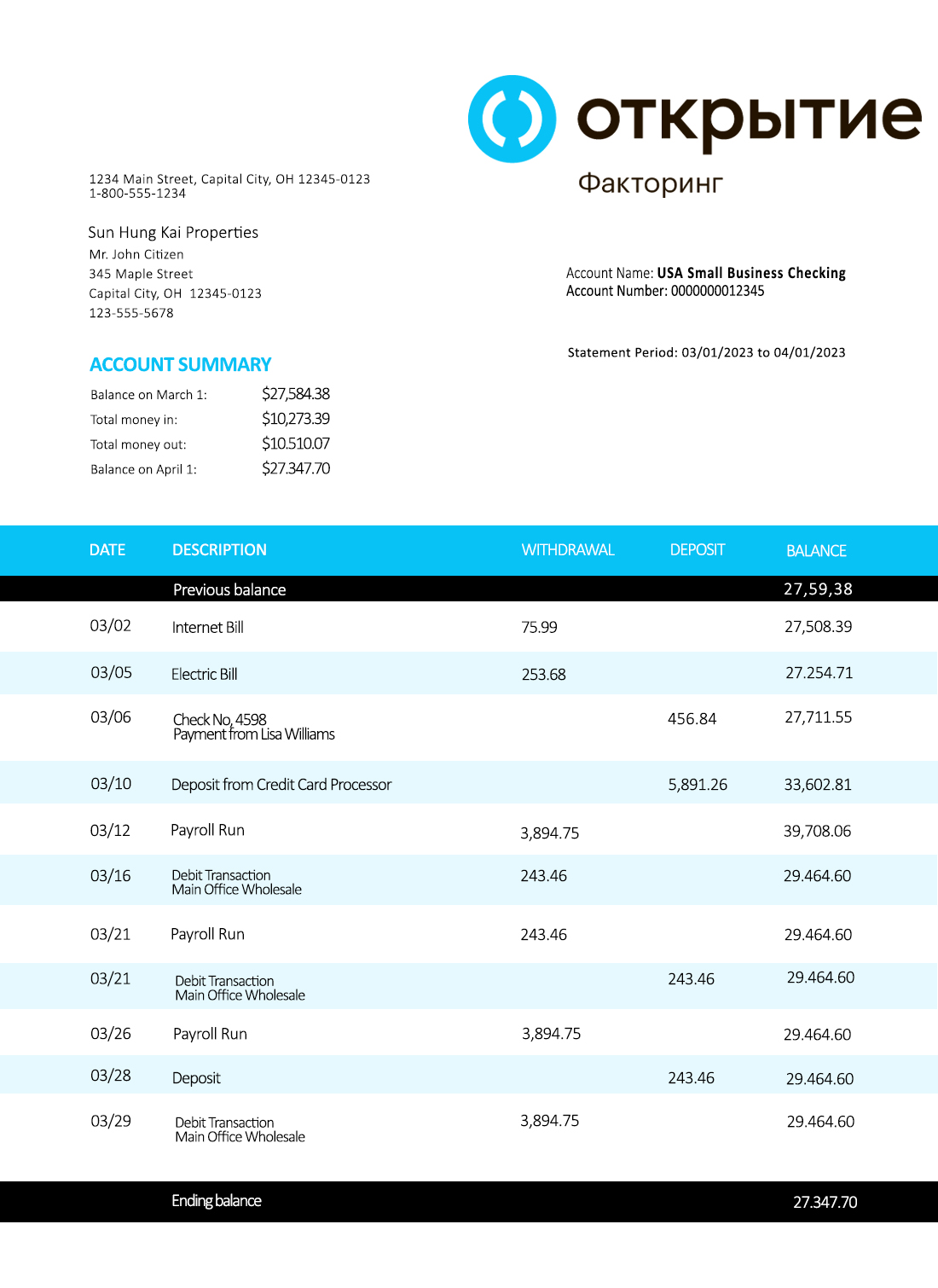 Fake Otkritie FC Bank enterprise Business Bank Statement