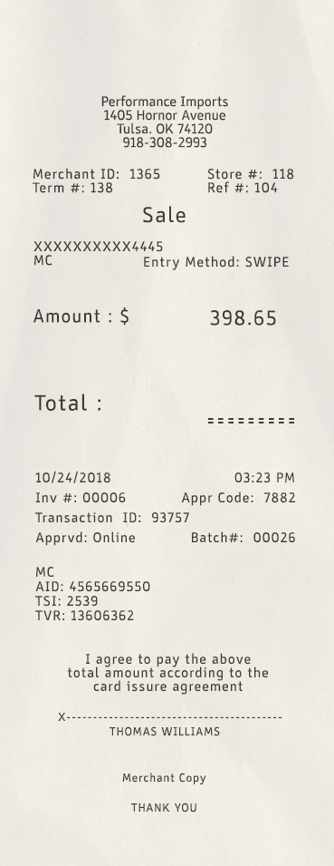 Fake Performance imports receipt