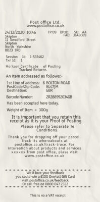 Fake Post Office LTD payment receipt
