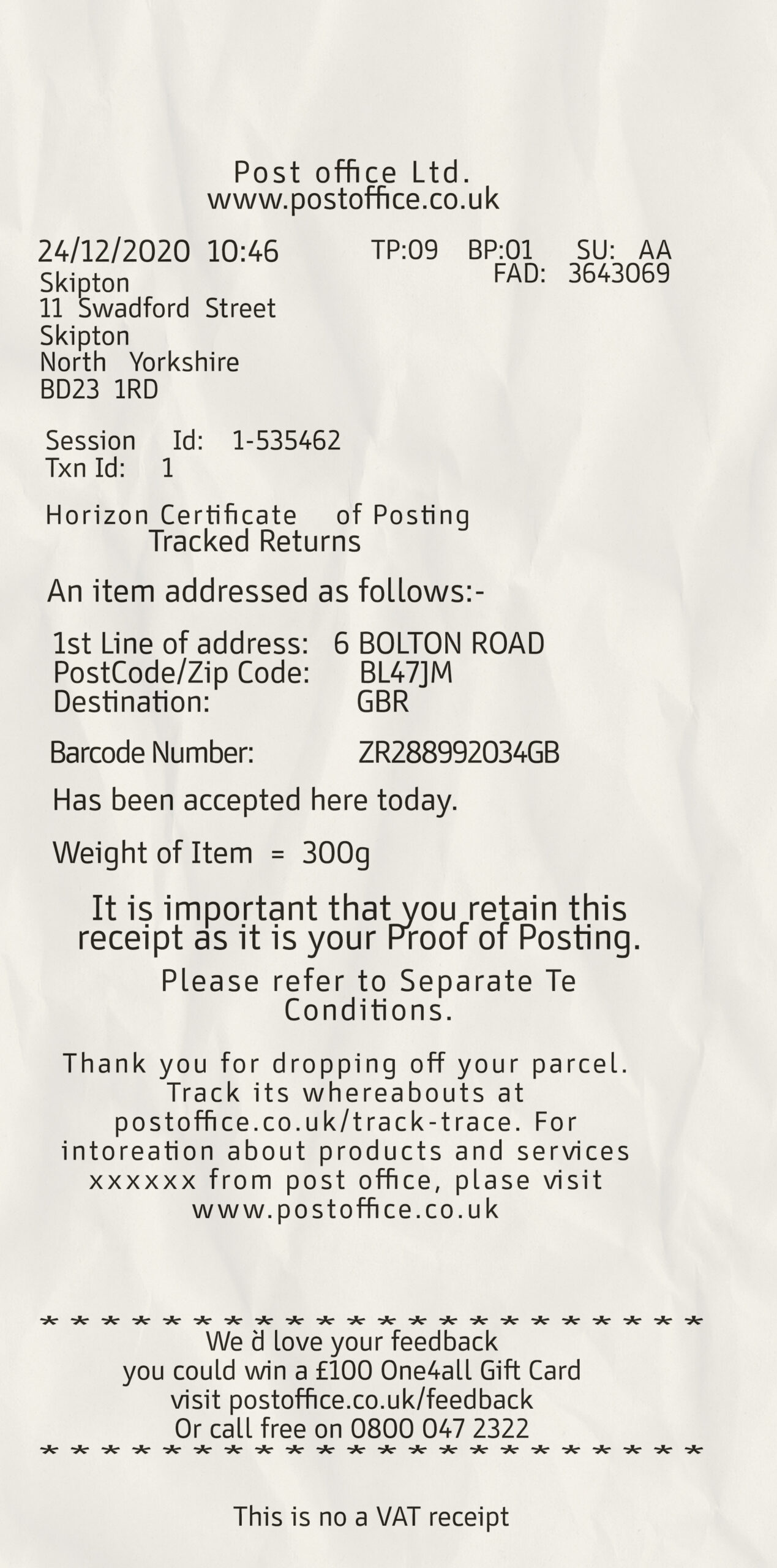Fake Post Office LTD payment receipt