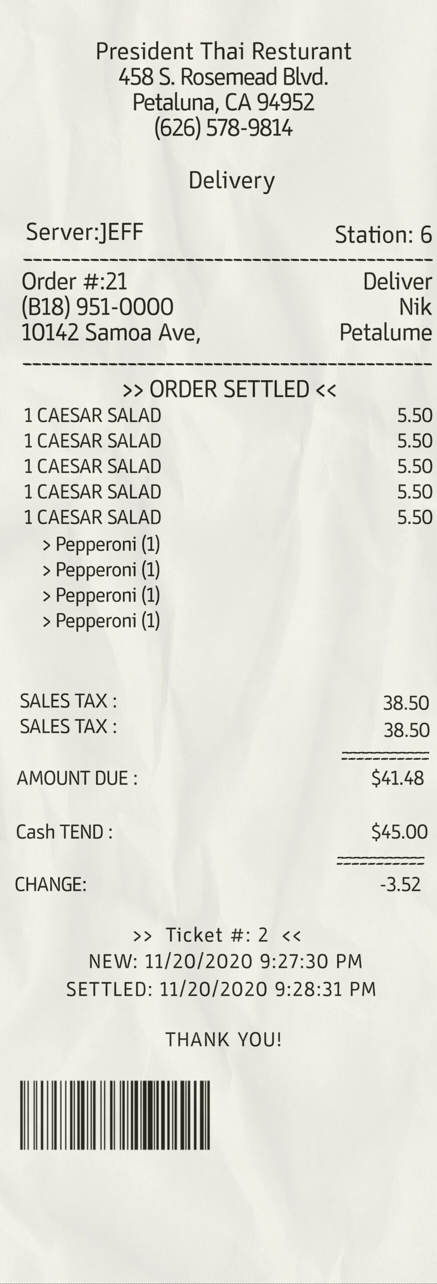 Fake President thai restaurant payment check version 2