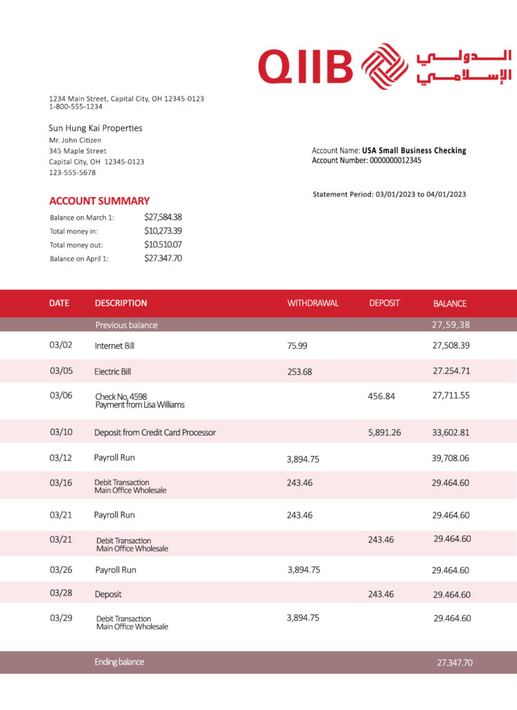 Fake Qiib firm Business Bank Statement