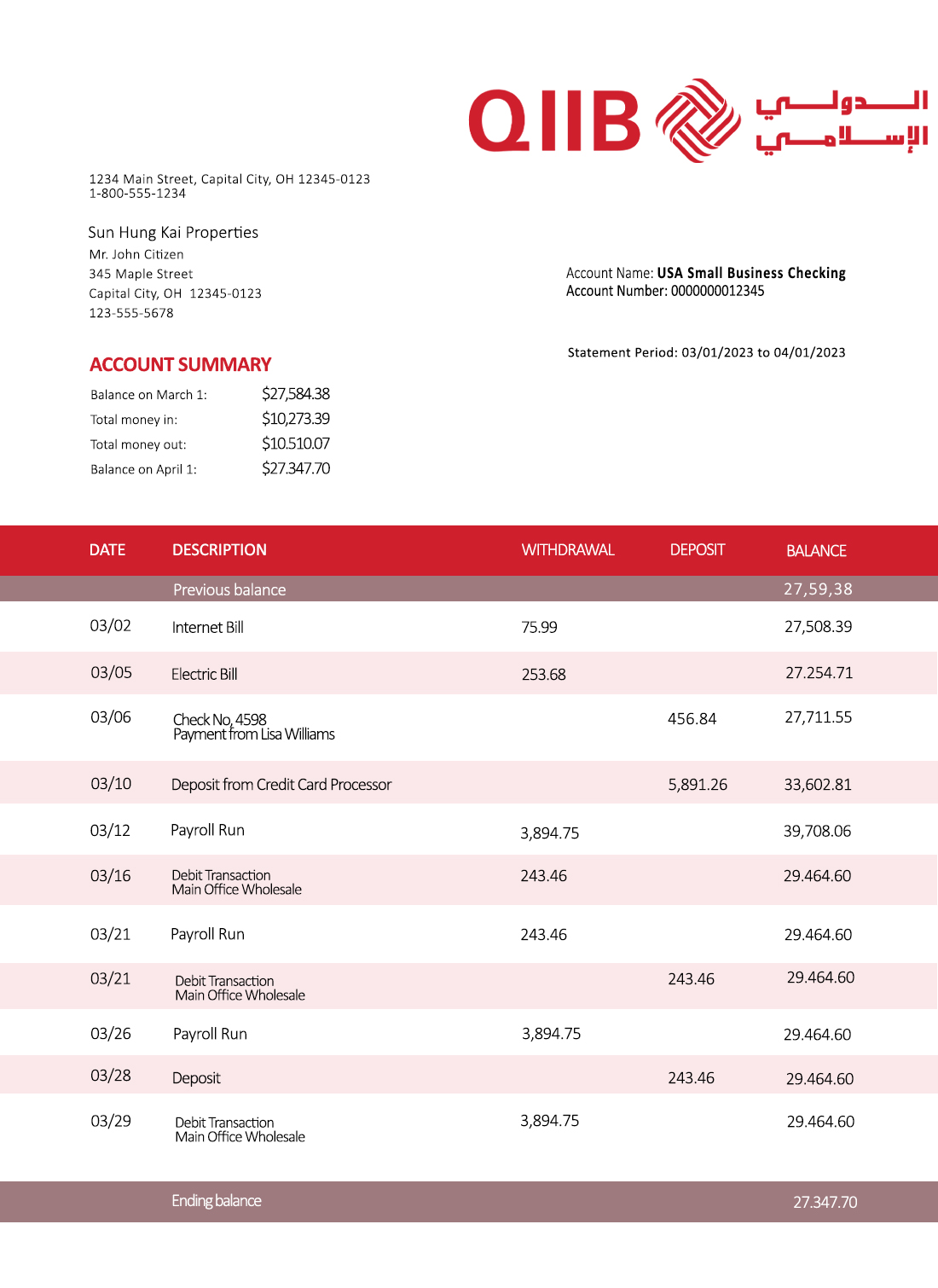 Fake Qiib firm Business Bank Statement