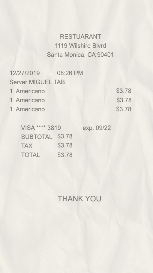 Fake Restaurant cash Receipt
