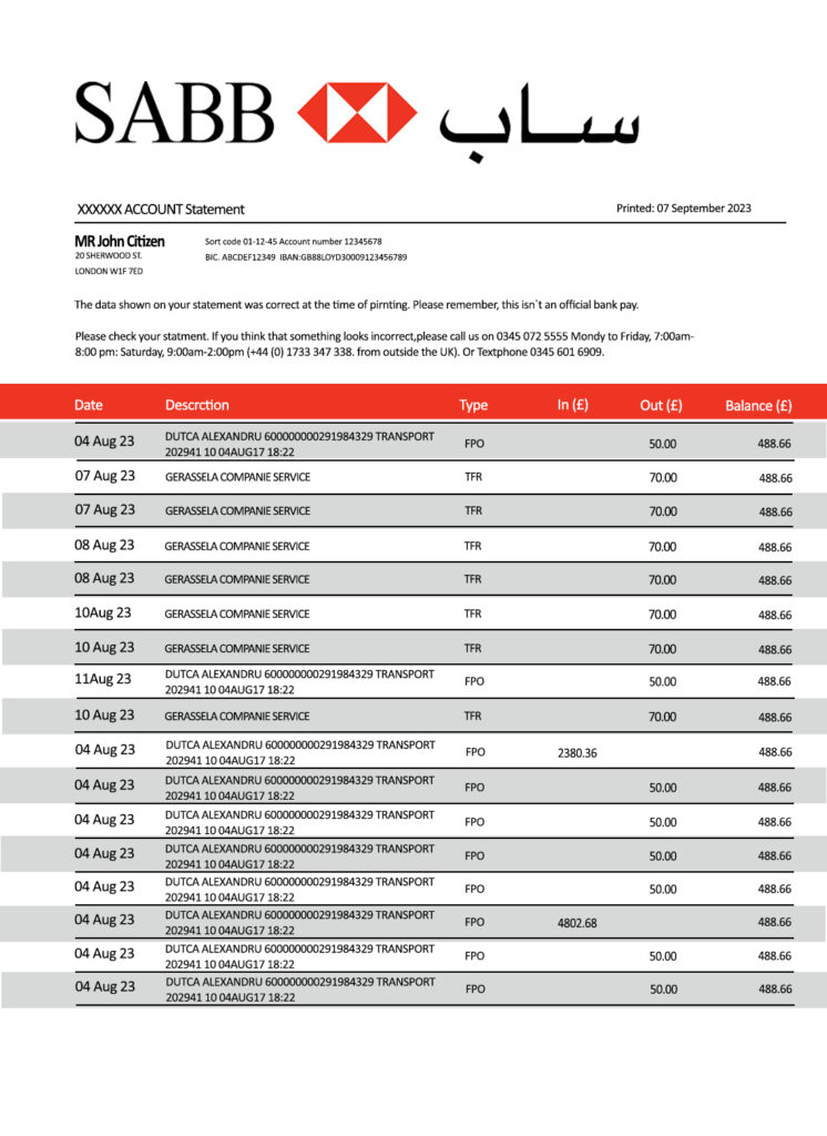 Fake Saudi British Business Bank Statement