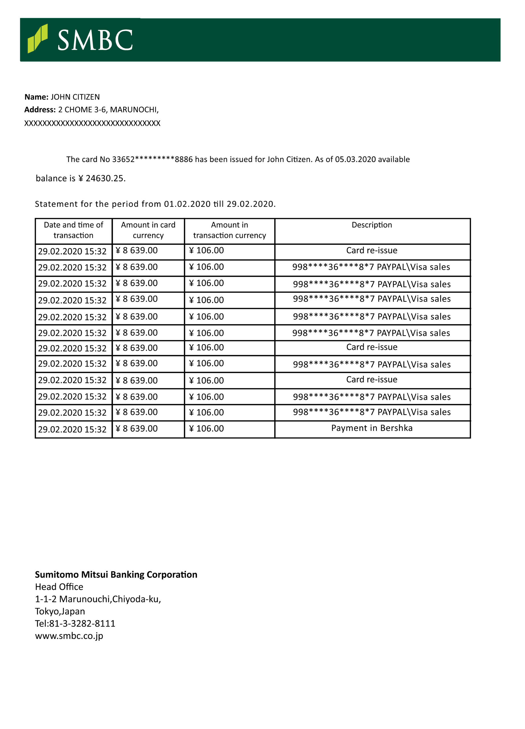 Fake Sumitomo Mitsui Financial Group Business Bank Statement