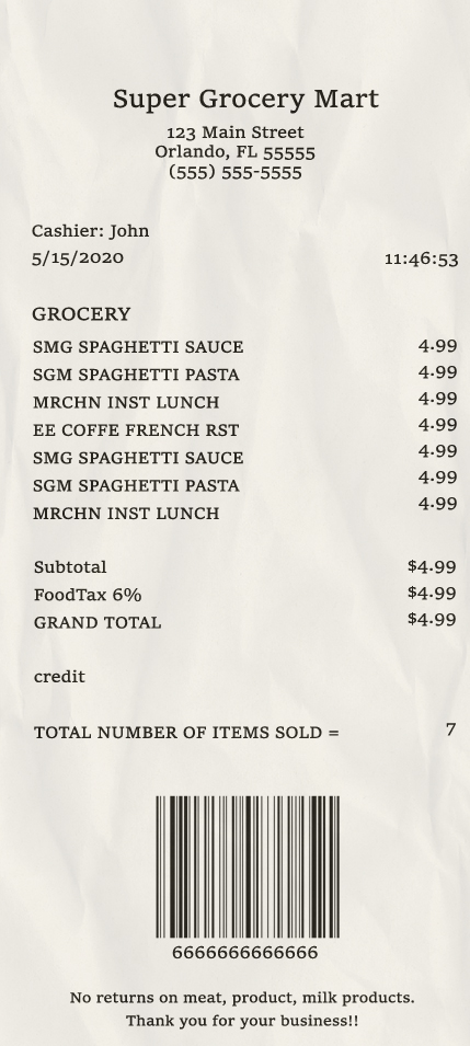 Fake Super grocery mart payment check Receipt