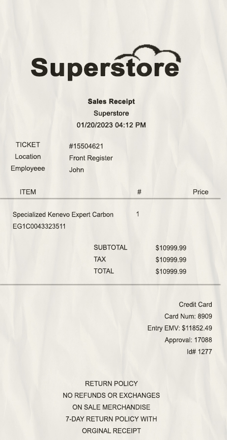 Fake Superstore payment receipt