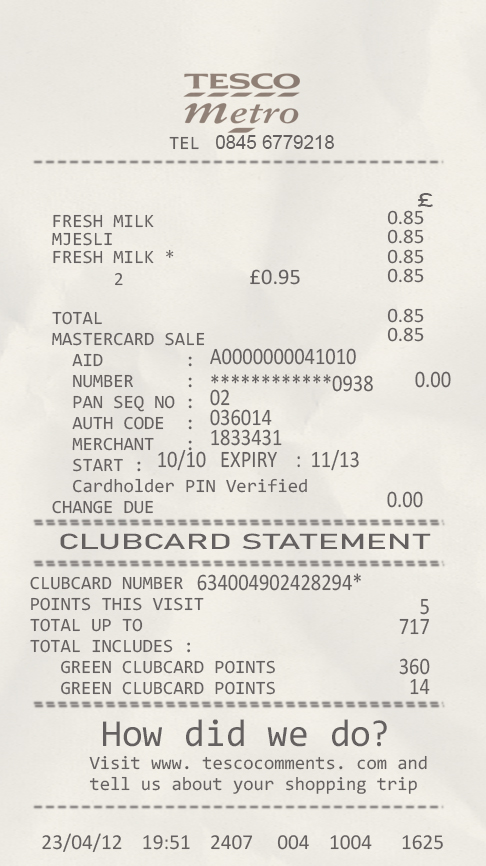 Fake Tesco payment Receipt
