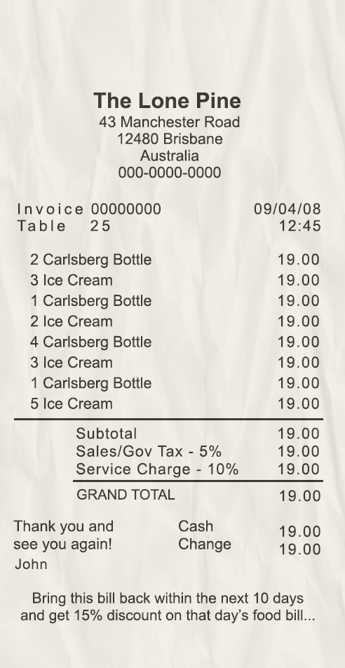 Fake The Lone Pine payment check Receipt