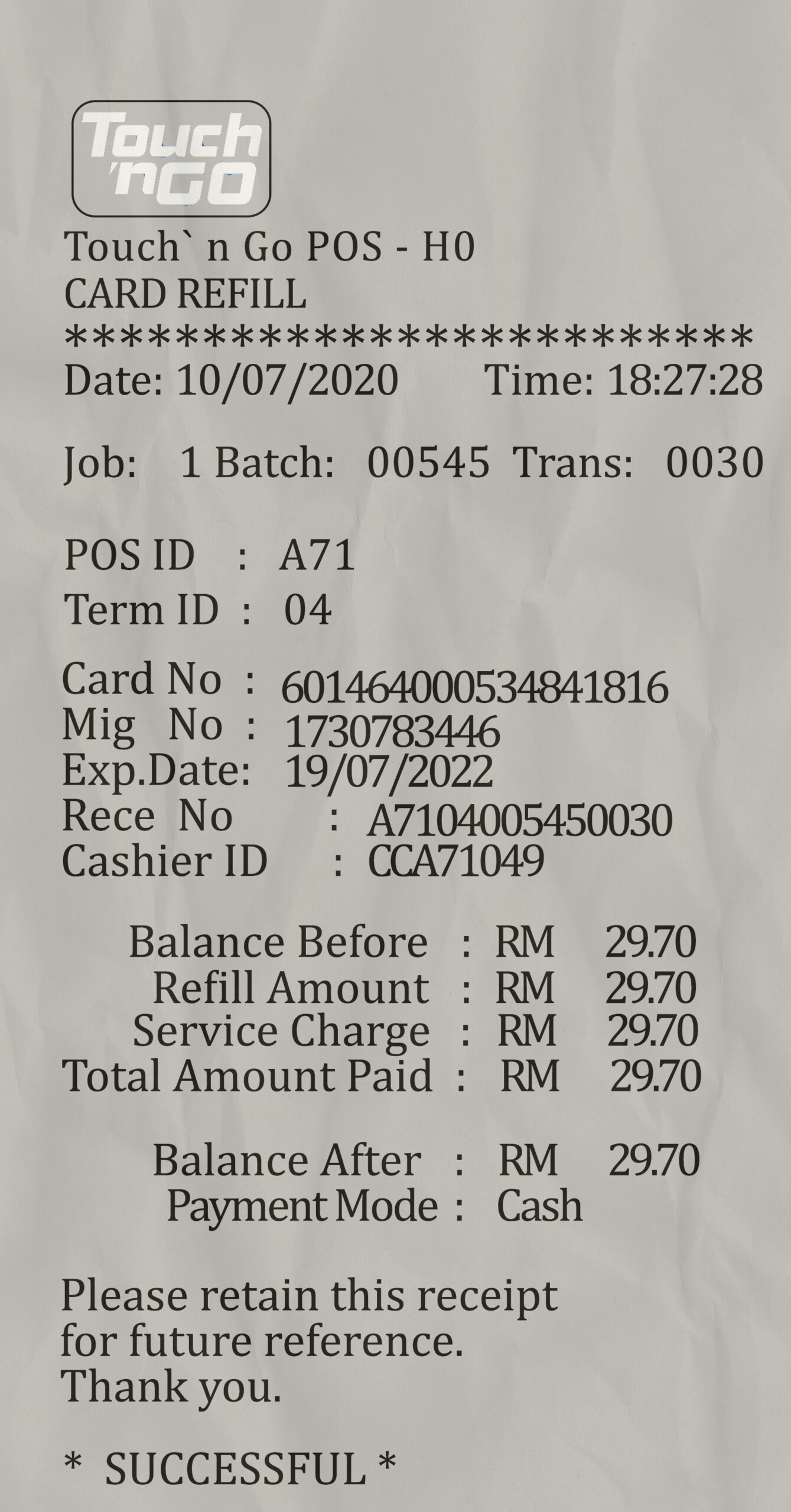 Fake Touch’n go receipt