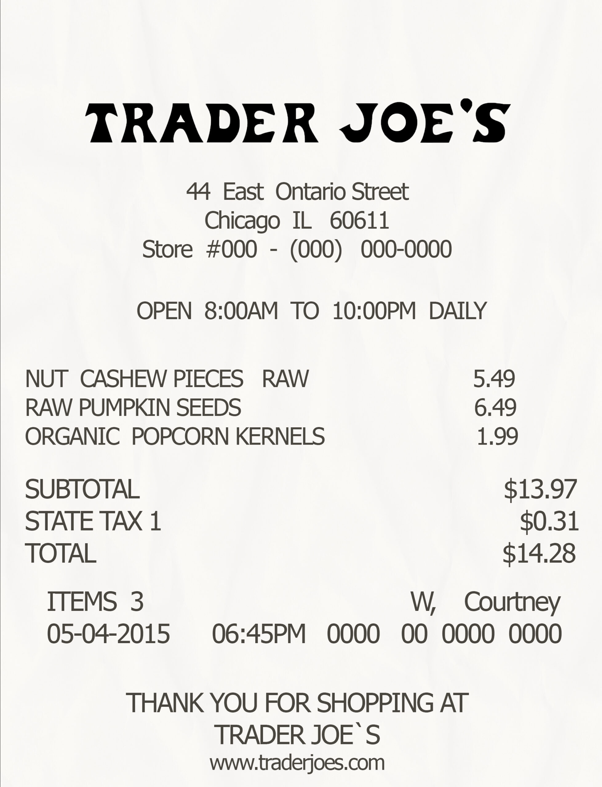 Fake Trader Joes cash 1 Receipt