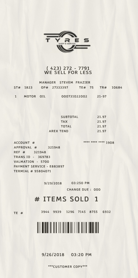 Fake Tyres Shop payment Receipt