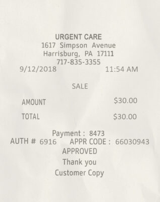 Fake Urgent Care payment Receipt