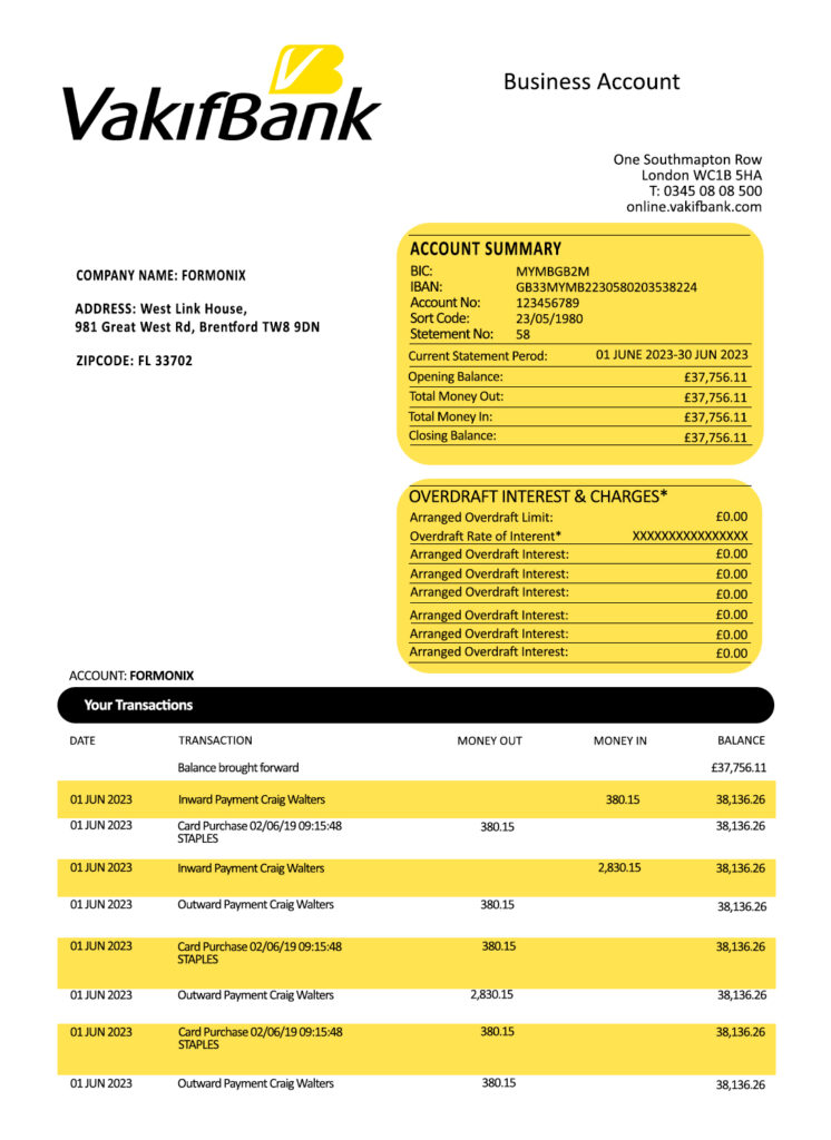 Fake Vakifbank company Business Bank Statement