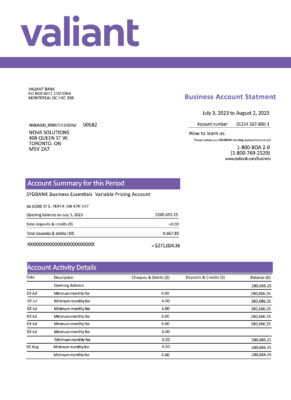 Fake Valiant Bank enterprise Business Bank Statement (VERSION2)