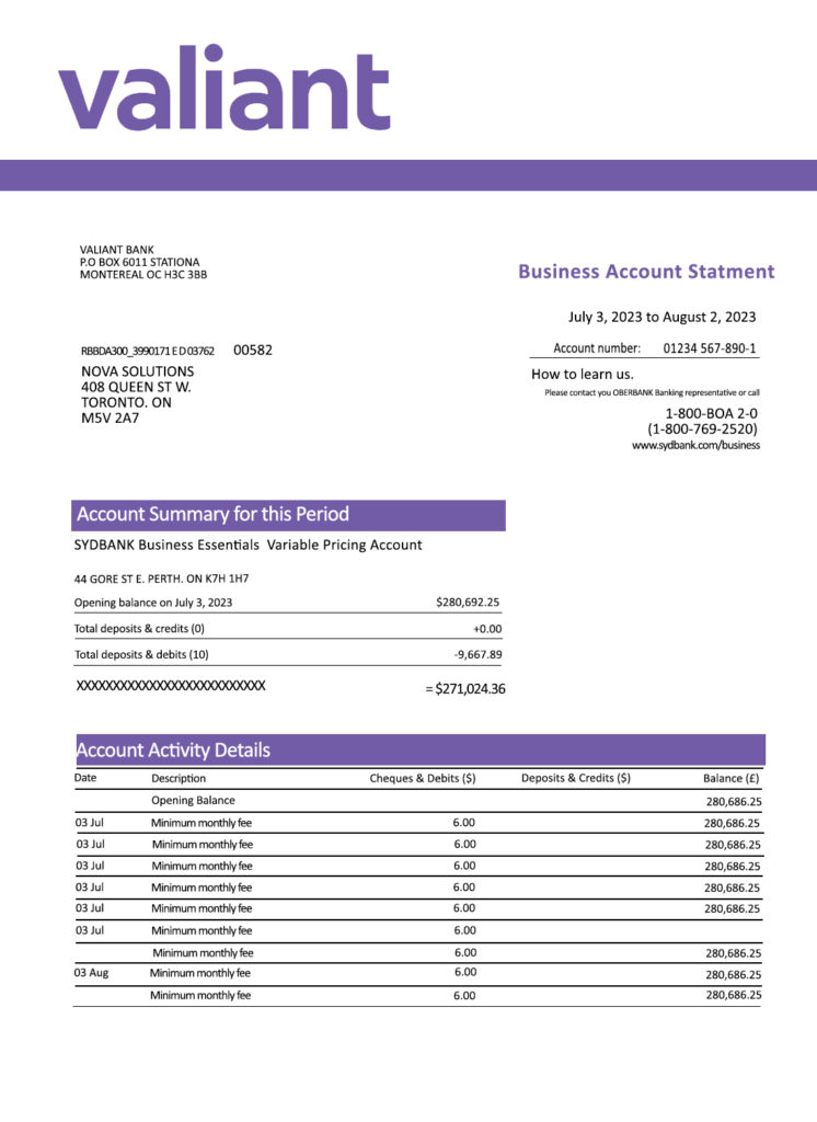 Fake Valiant Bank enterprise Business Bank Statement (VERSION2)