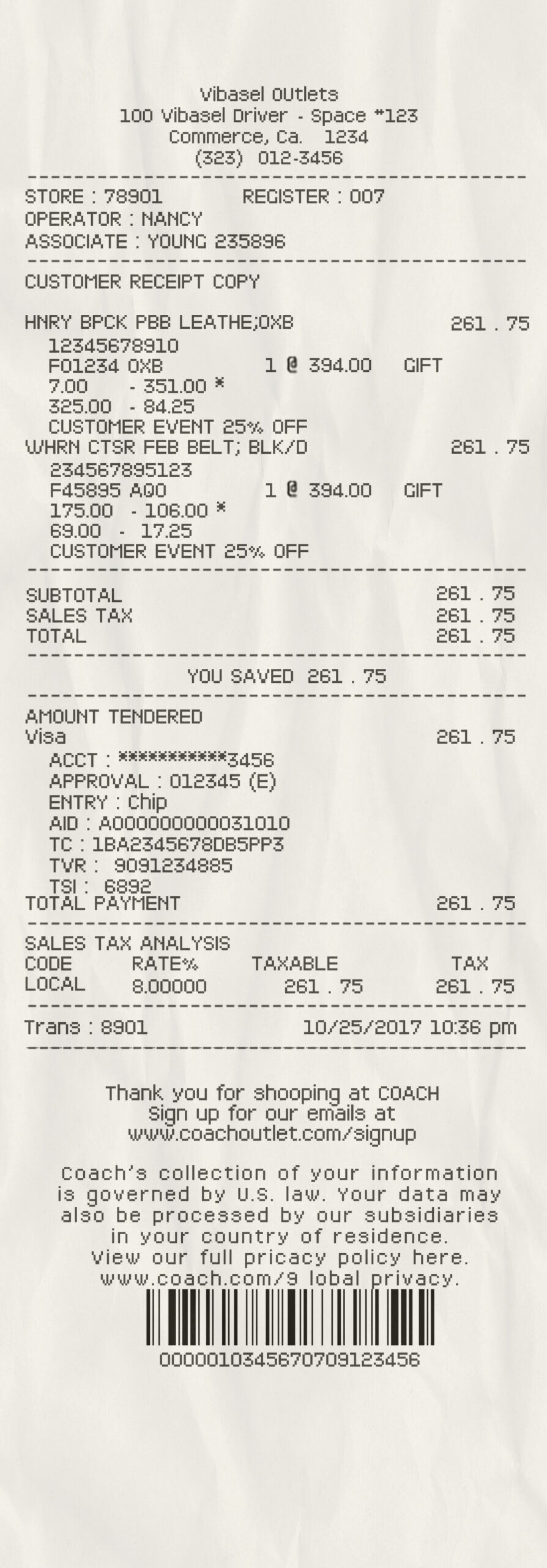 Fake Vibasel Outlets payment Receipt