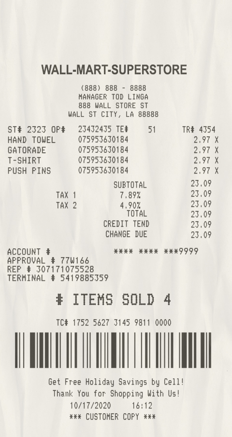 Fake Wall-mart-superstore payment receipt