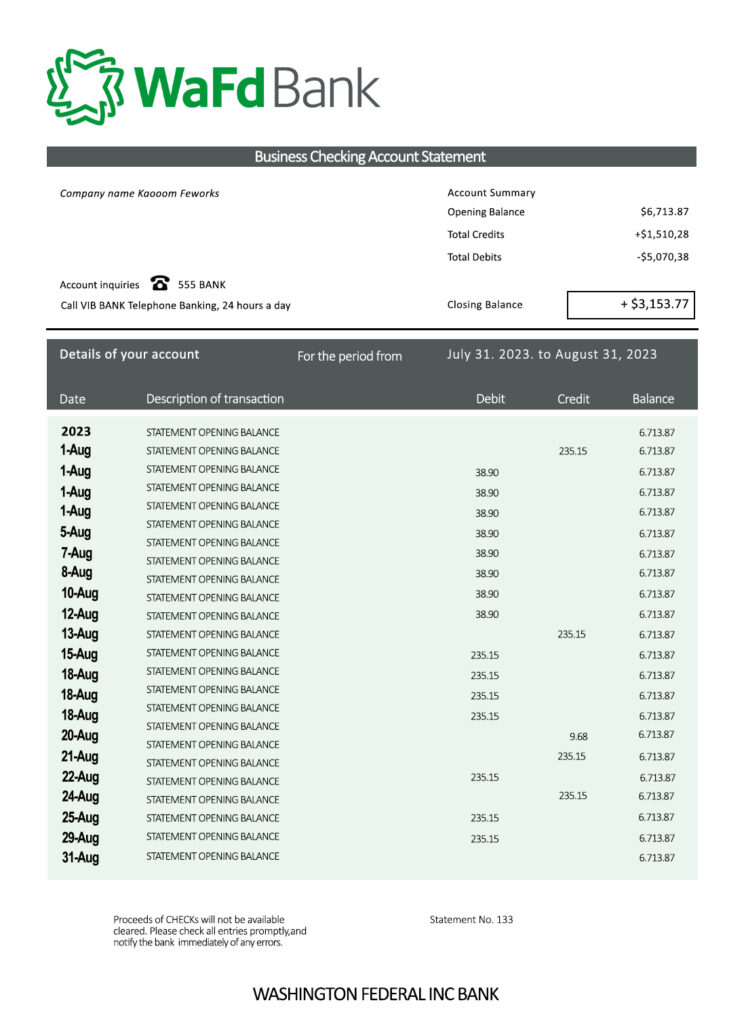 Fake Washington Federal Inc Business Bank Statement