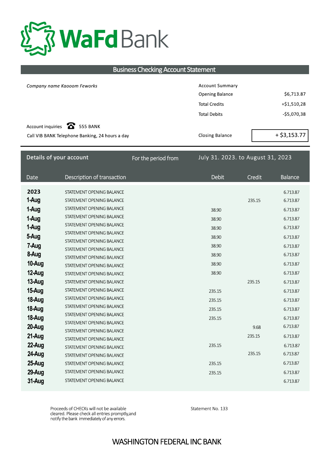 Fake Washington Federal Inc Business Bank Statement