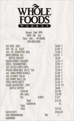 Fake Whole foods payment check Receipt