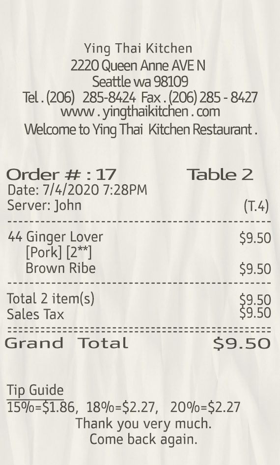 Fake Ying thai kitchen payment receipt