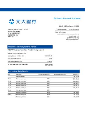 Fake Yuanta Securities Business Bank Statement