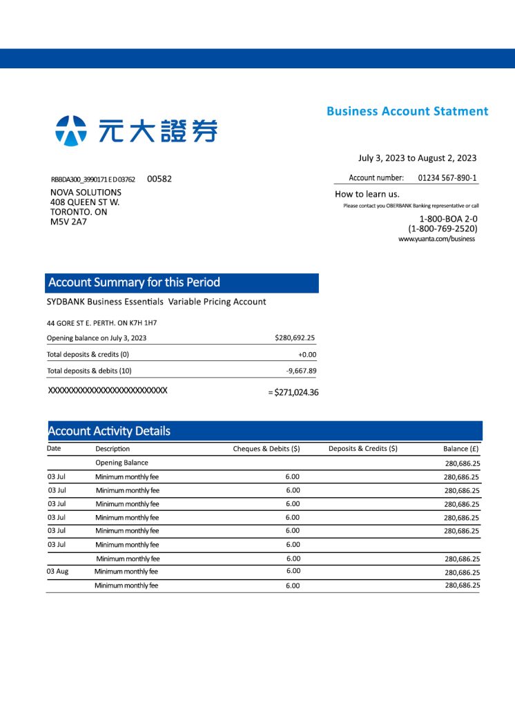 Fake Yuanta Securities Business Bank Statement