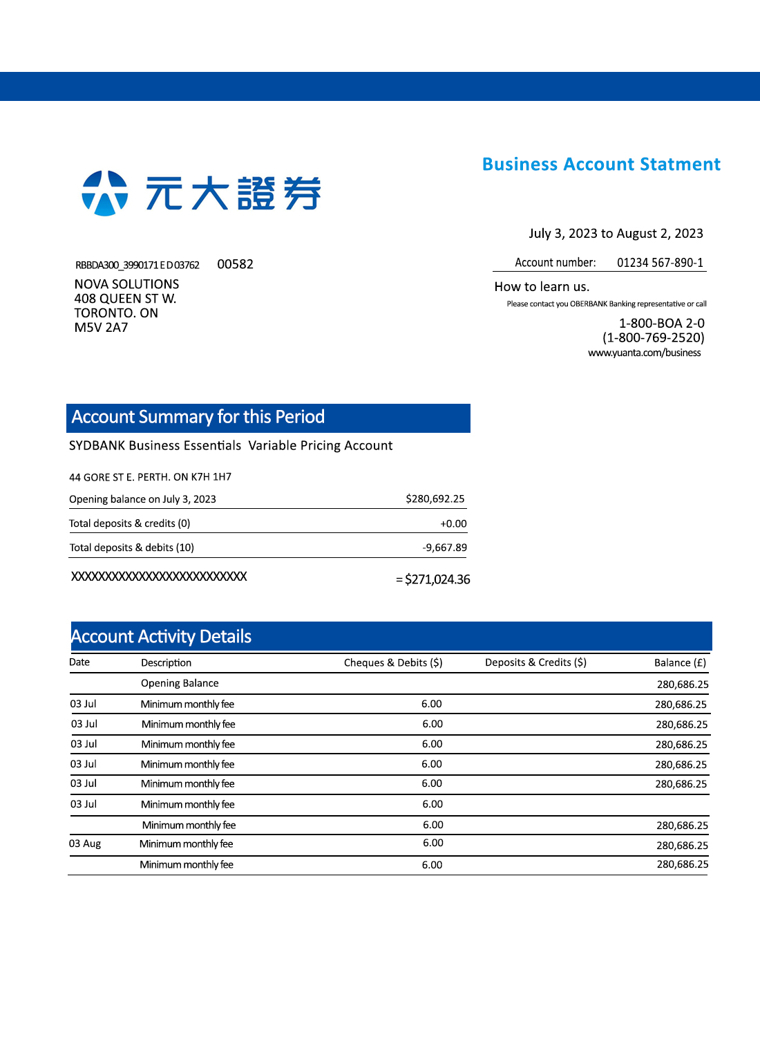 Fake Yuanta Securities Business Bank Statement