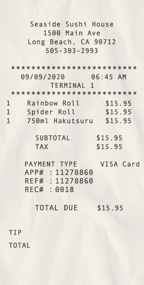 Fake seaside sushi house payment receipt