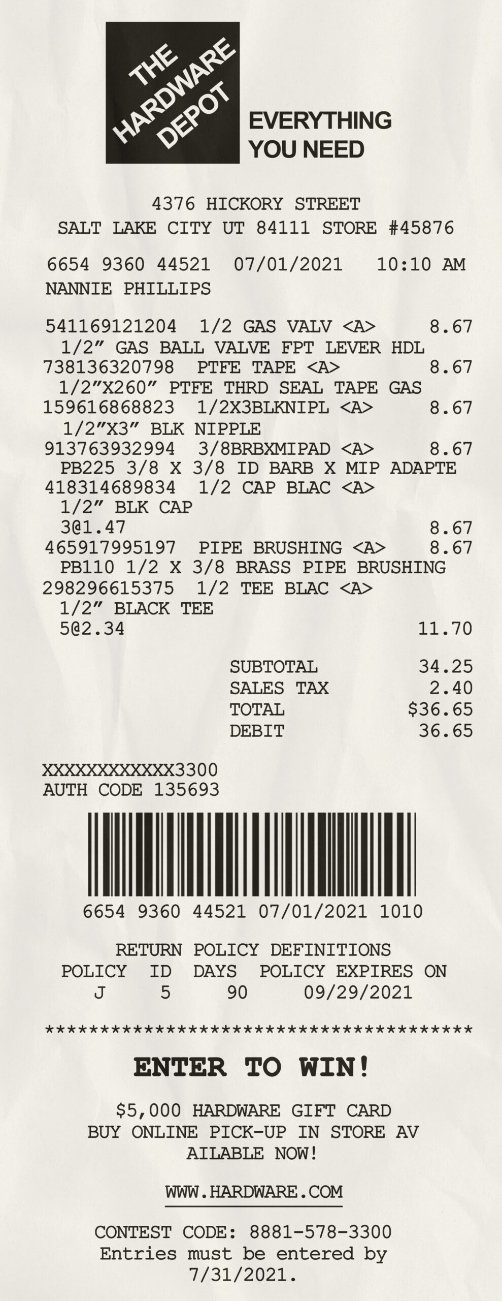 Fake the hardware depot receipt