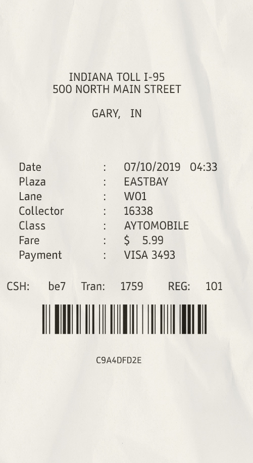 Fake Iindiana toll payment check Receipt
