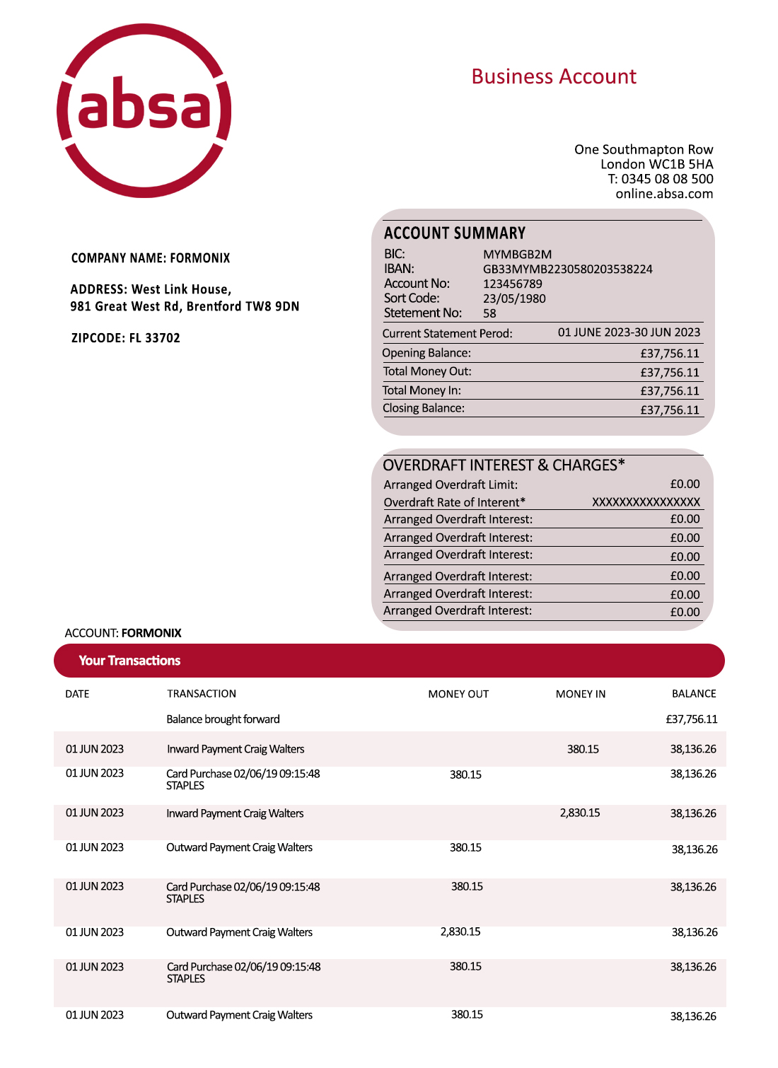 Fake ABSA Business Bank Statement