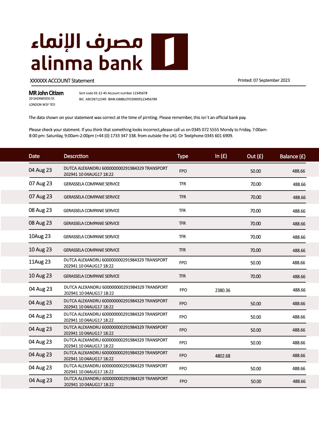 Fake ALINMA Business Bank Statement