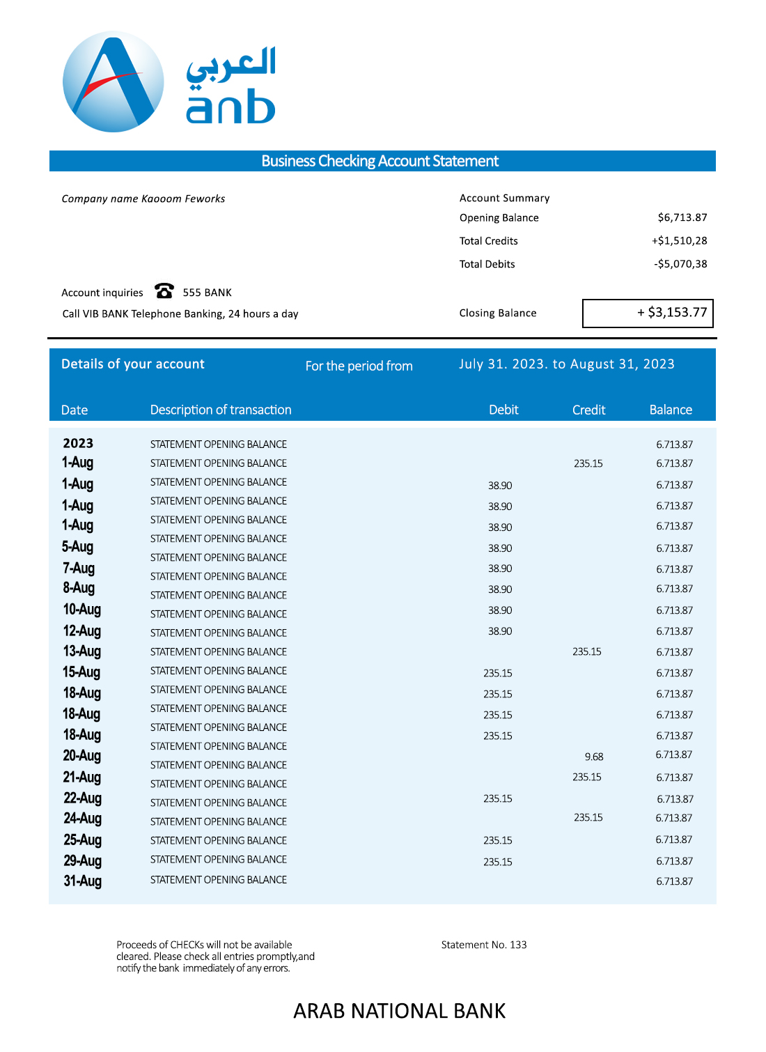 Fake ARAB Nationa Business Bank Statement