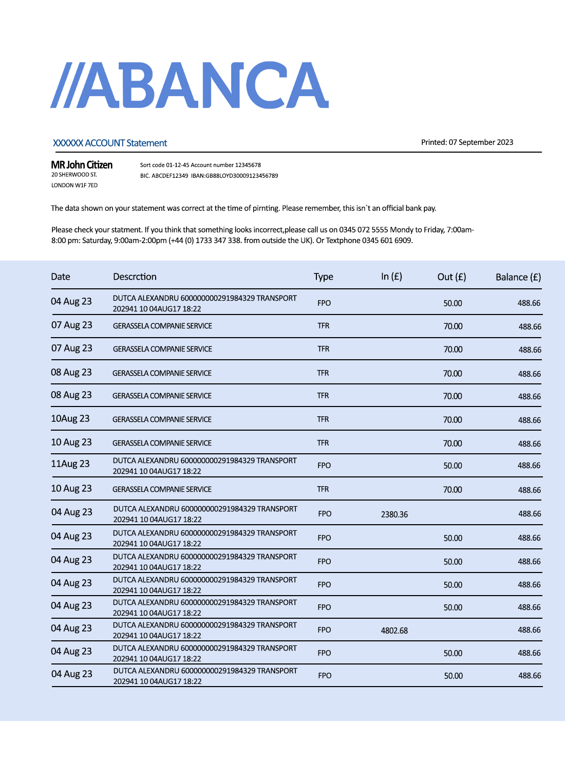 Fake Abanca Business Bank Statement