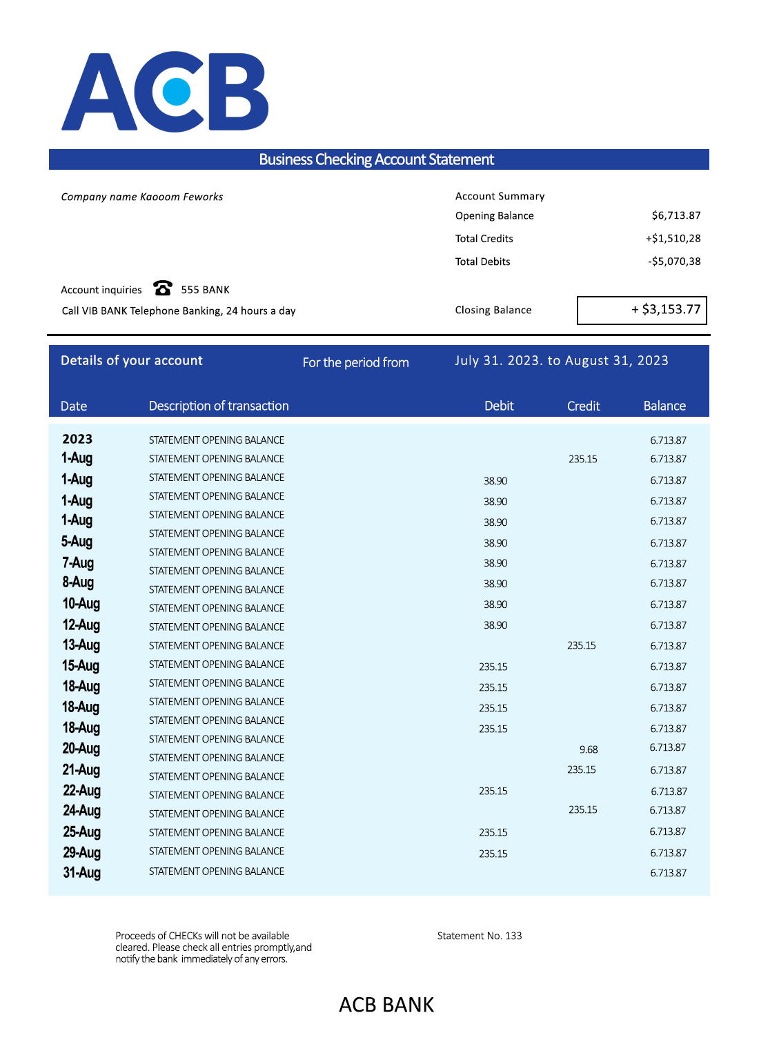 Fake Acb Business Bank Statement