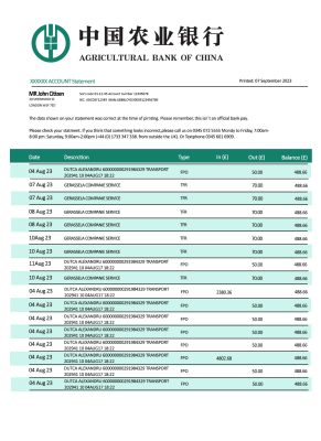 Fake Agricultural bank of China enterprise Business Bank Statement