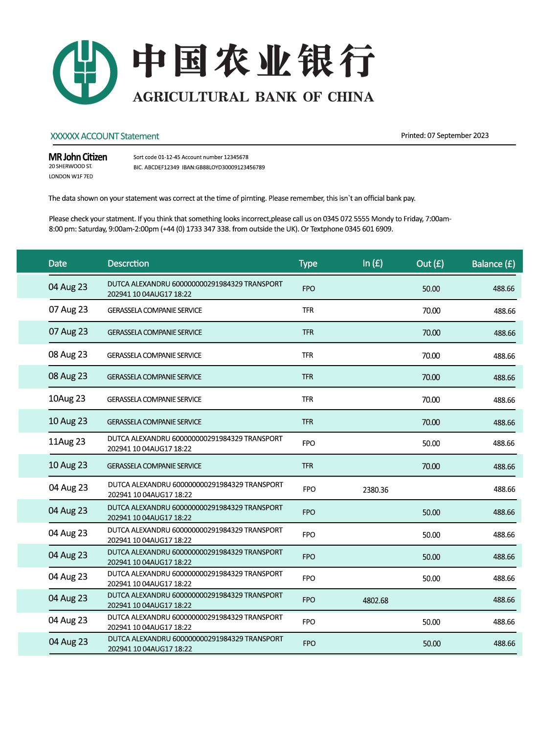 Fake Agricultural bank of China enterprise Business Bank Statement
