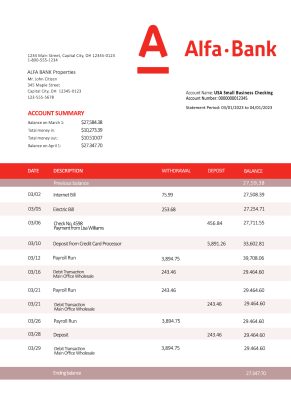 Fake Alfa Bank organization Business Bank Statement