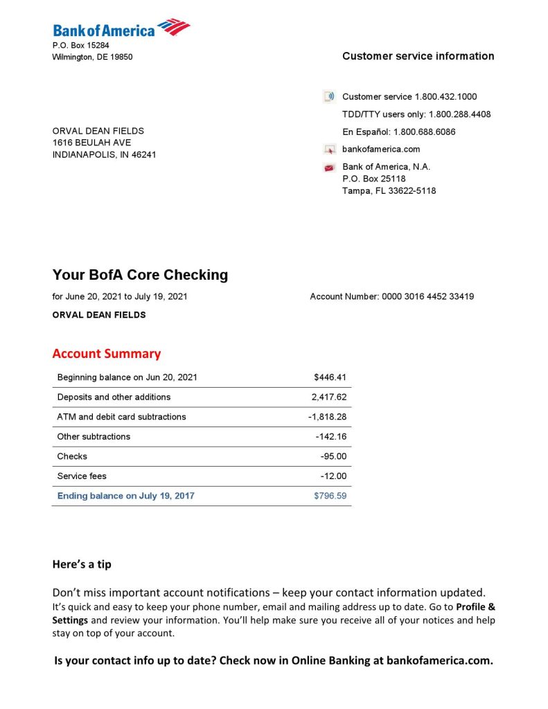 Fake America Business Bank Statement