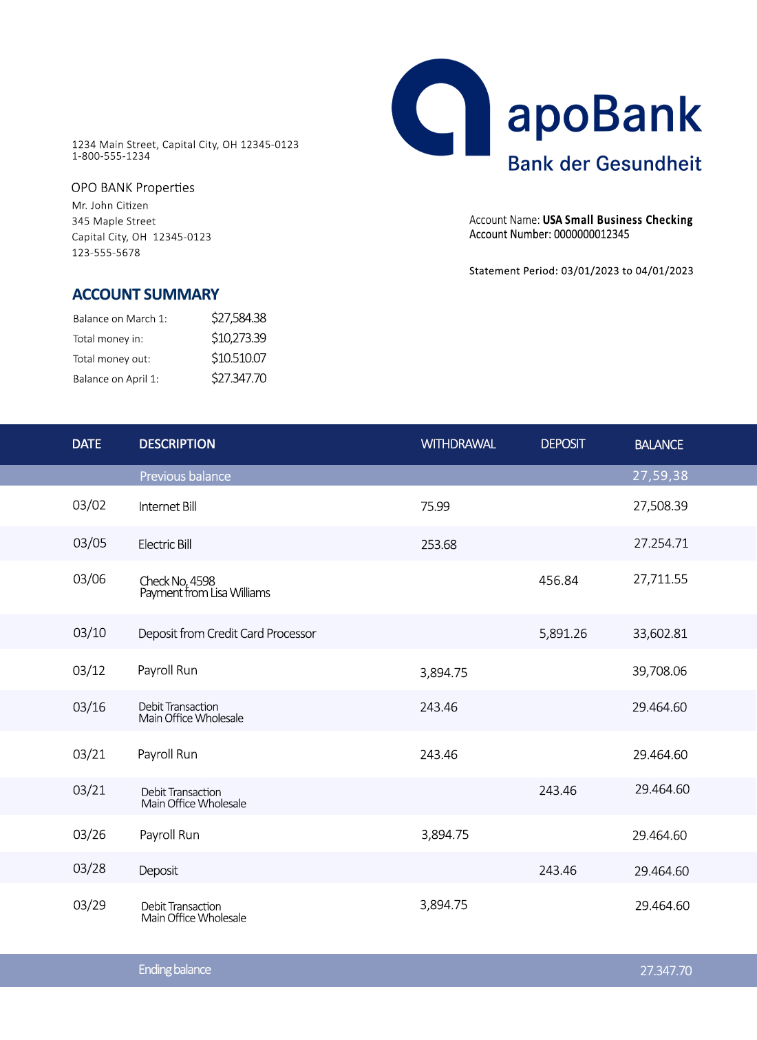 Fake Apobank Business Bank Statement