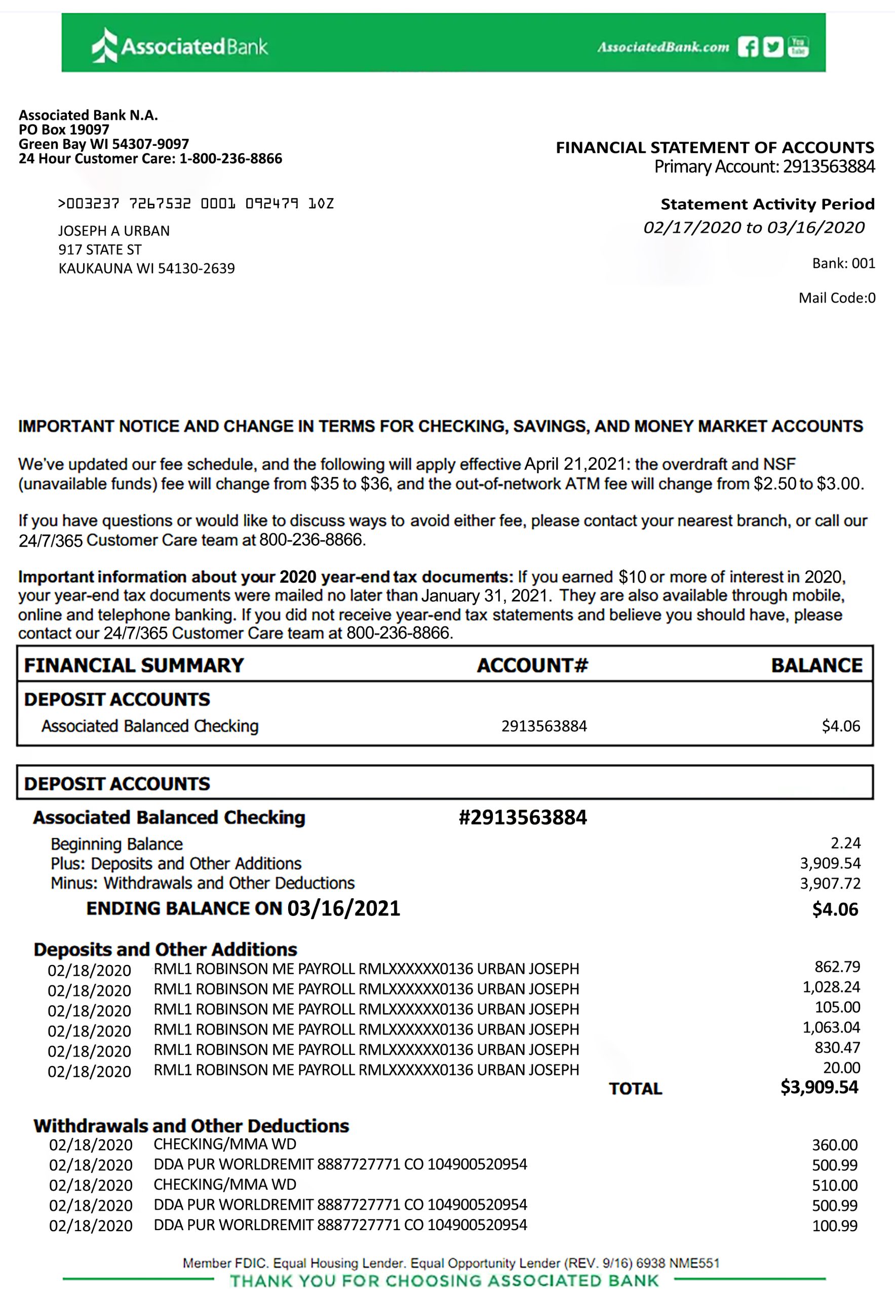 Fake Associated Business Bank Statement
