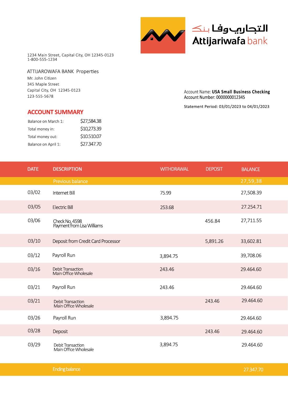 Fake Attijariwafa Business Bank Statement